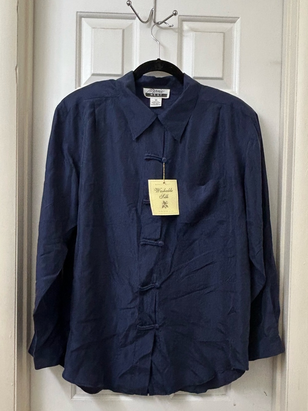 NEW Marnie West 100% Silk Blouse Navy Blue  Size M with shoulder pads. Y2K